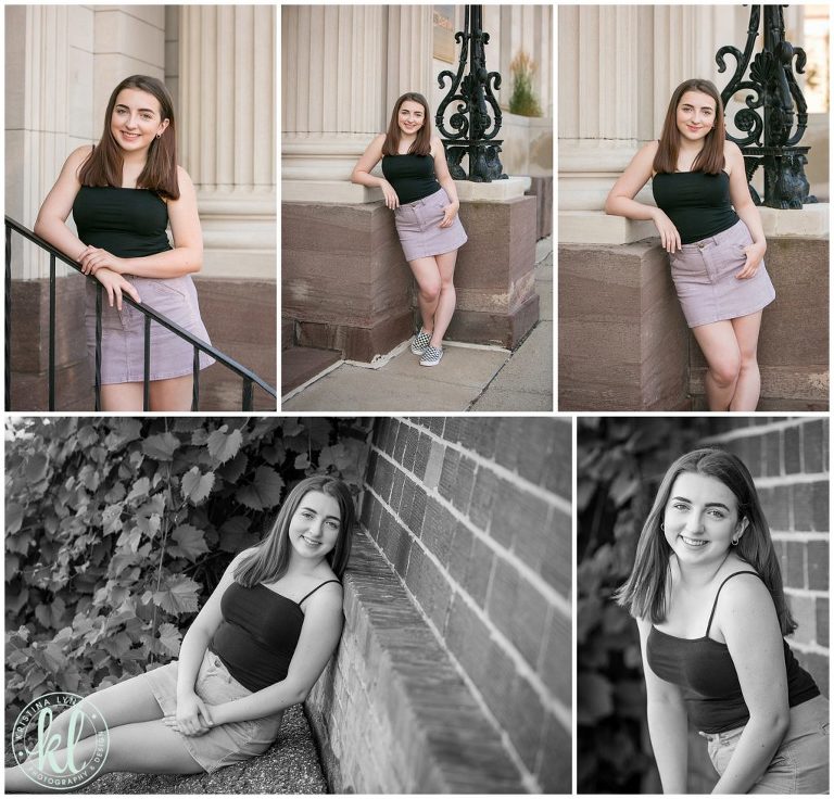teenage girl leaning against a building with columns in downtown stillwater minnesota for senior photos