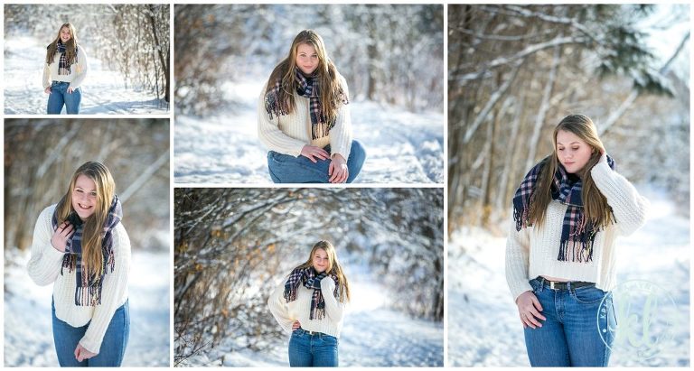 teenager girl poses for senior photos on a snowy treelined path in stillwater minnesota