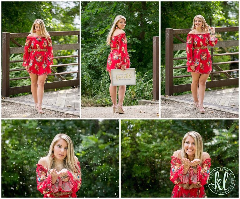 teenage girl wearing a red dress blows glitter towards camera for summer senior pictures