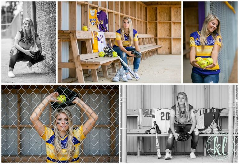 teenage girl poses for senior pictures in high school's softball dugout