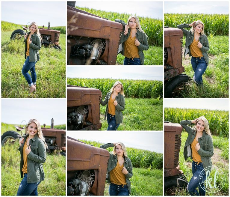 teenage girl standing by rusty tractor in a cornfield near clarion iowa for senior pictures