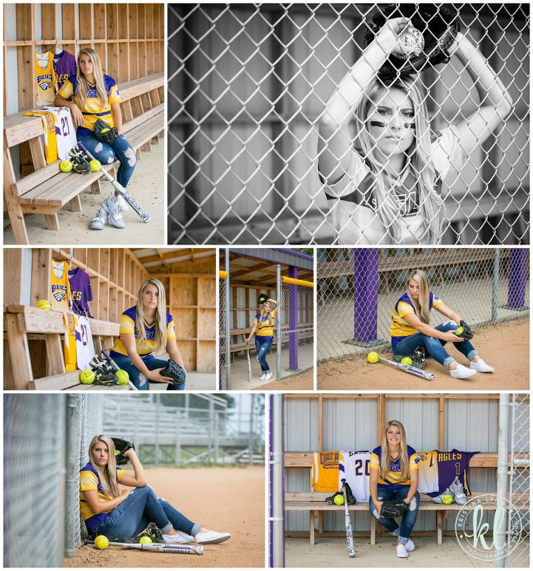 softball player poses for senior pictures in the dugout