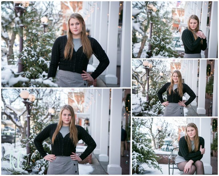 winter senior photos outside lowell inn in stillwater minnesota