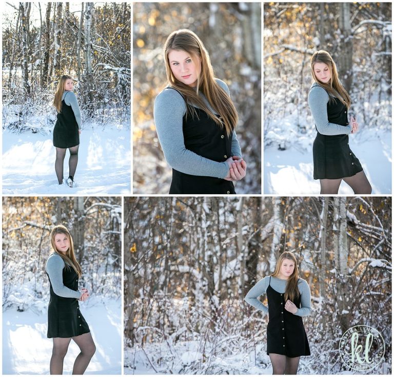 wintertime graduation photos with snow covered trees