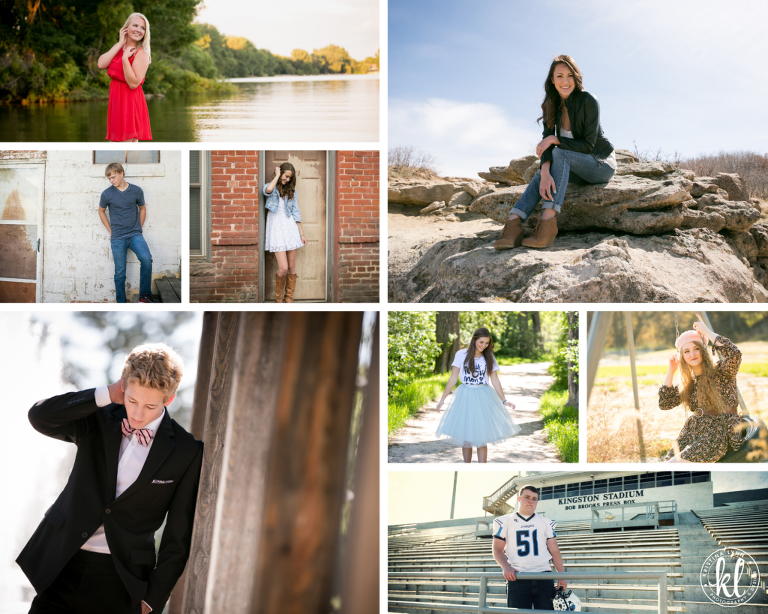 Collage image of 8 different seniors showcasing their outfits for senior photos