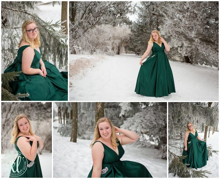Kristina Lynn Photography & Design Senior Pictures in the winter. 5 photo collage of senior girl in green lovely green dress posing outside in the snow