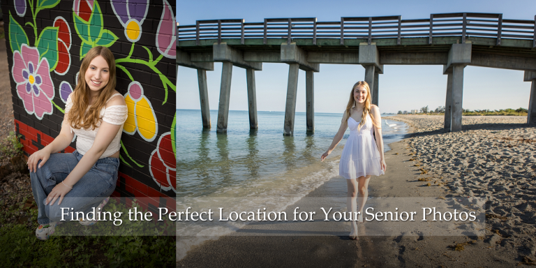 Finding the Perfect Location for Your Senior Photos Header Image featuring two photos of two different senior girls. One is in front of a painted mural wall and the other is walking in the water on a beach.